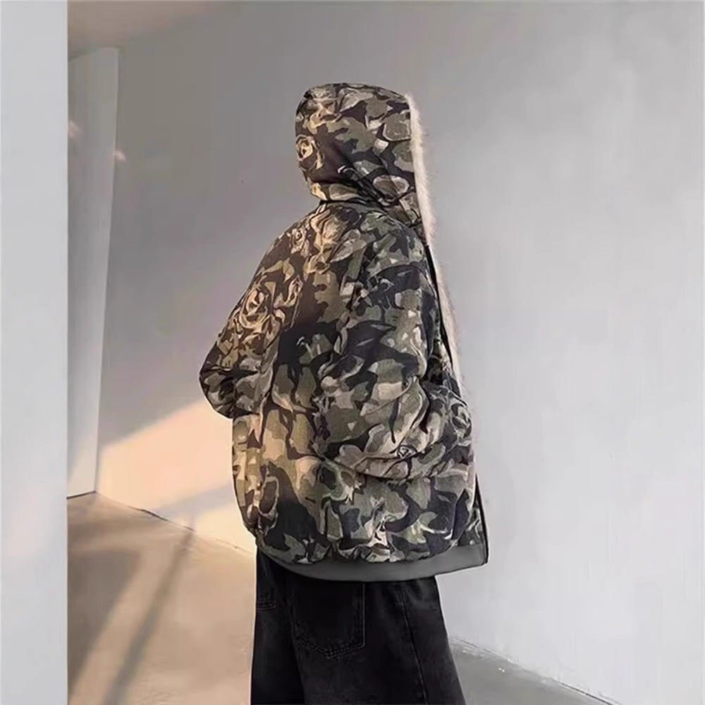 Retro Washed Camouflage Fur Collar Hood Jacket