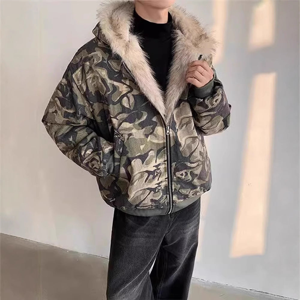 Retro Washed Camouflage Fur Collar Hood Jacket