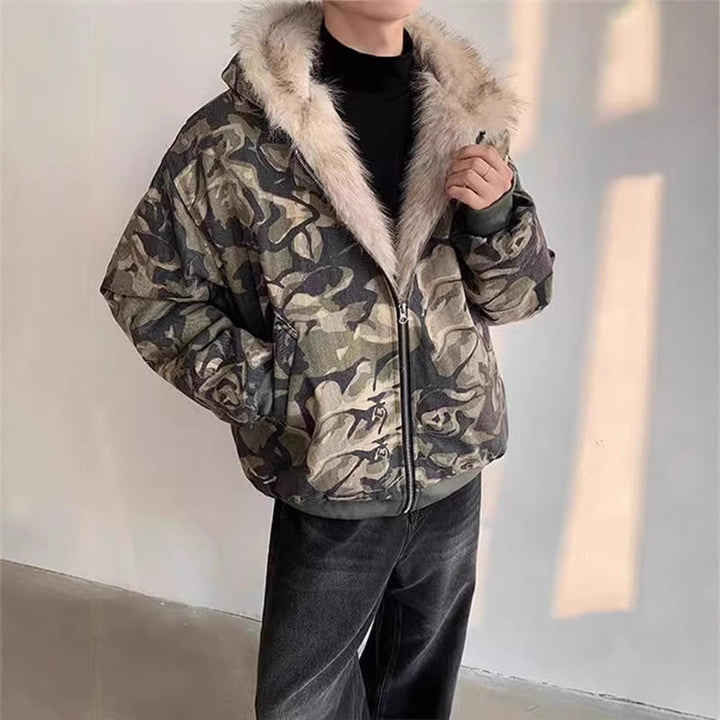 Retro Washed Camouflage Fur Collar Hood Jacket