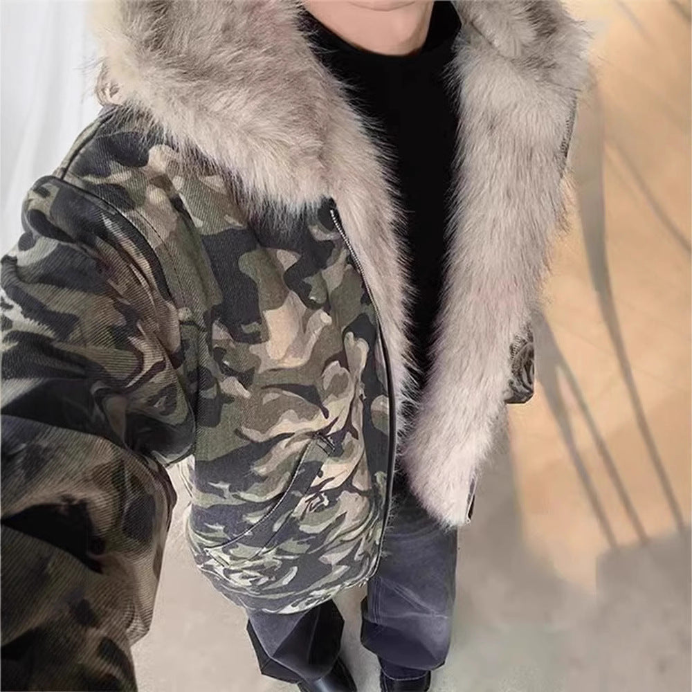 Retro Washed Camouflage Fur Collar Hood Jacket