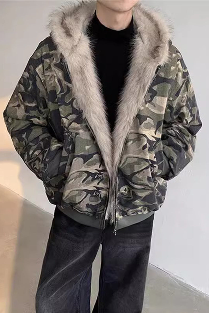 Retro Washed Camouflage Fur Collar Hood Jacket