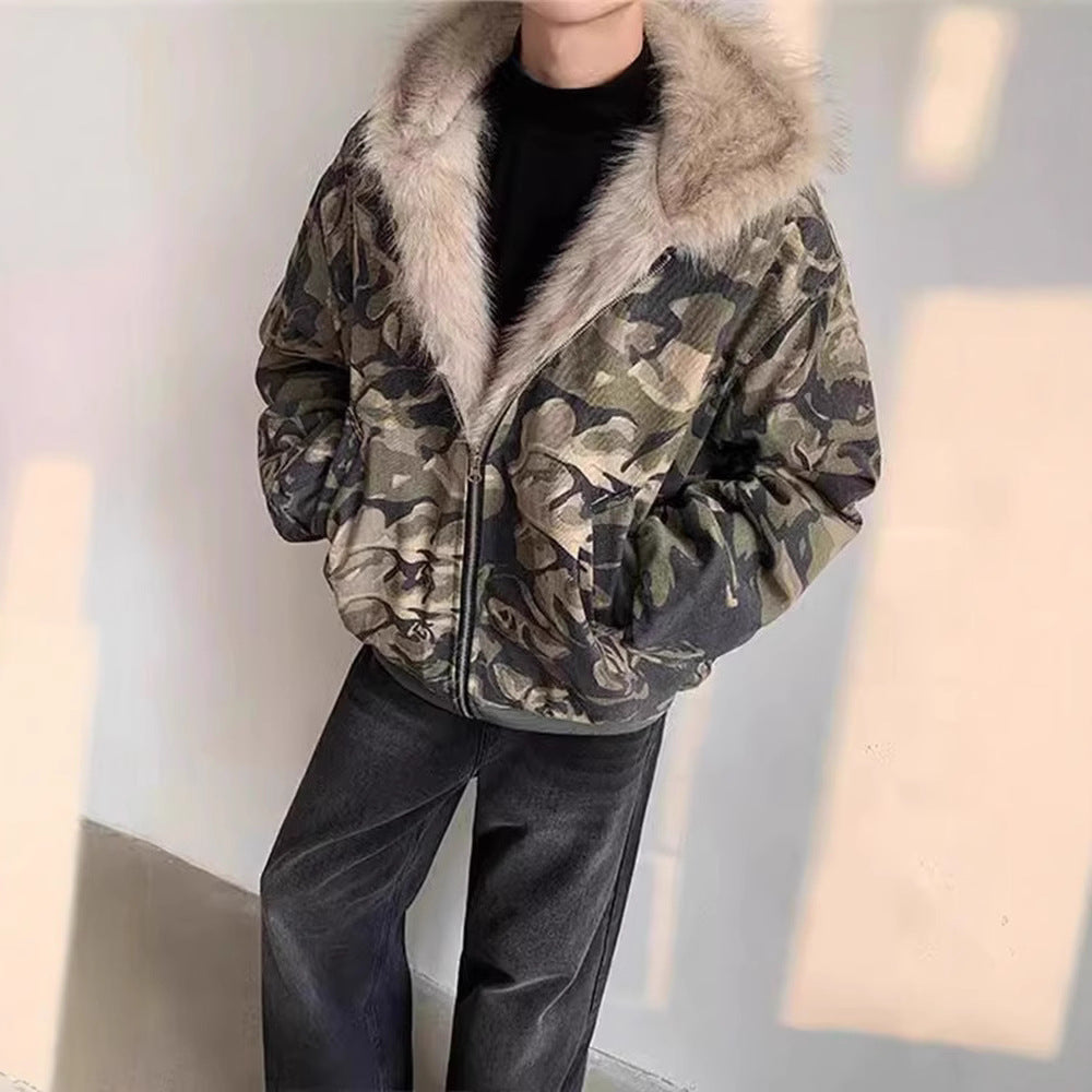 Retro Washed Camouflage Fur Collar Hood Jacket