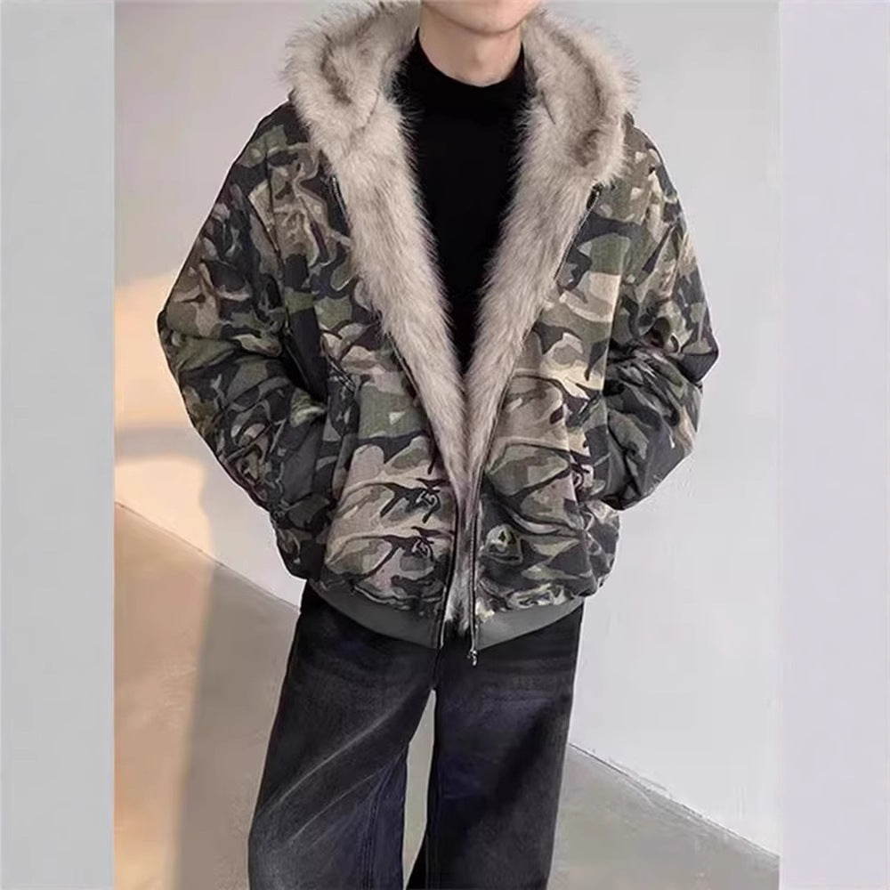 Retro Washed Camouflage Fur Collar Hood Jacket
